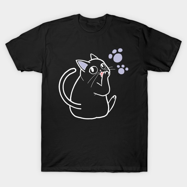 Cute Chubby Cat Licking Paw Drawing T-Shirt by MariOyama